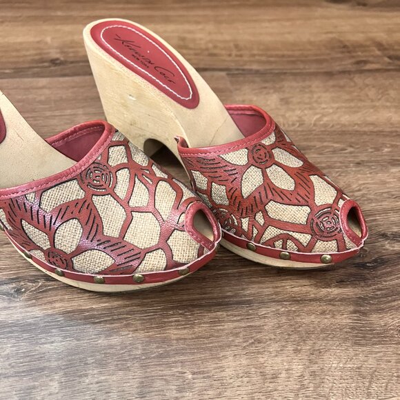 Kenneth Cole Peep Toe Wooden Wedge Clog Backless Heels Sz 9 - Picture 3 of 16